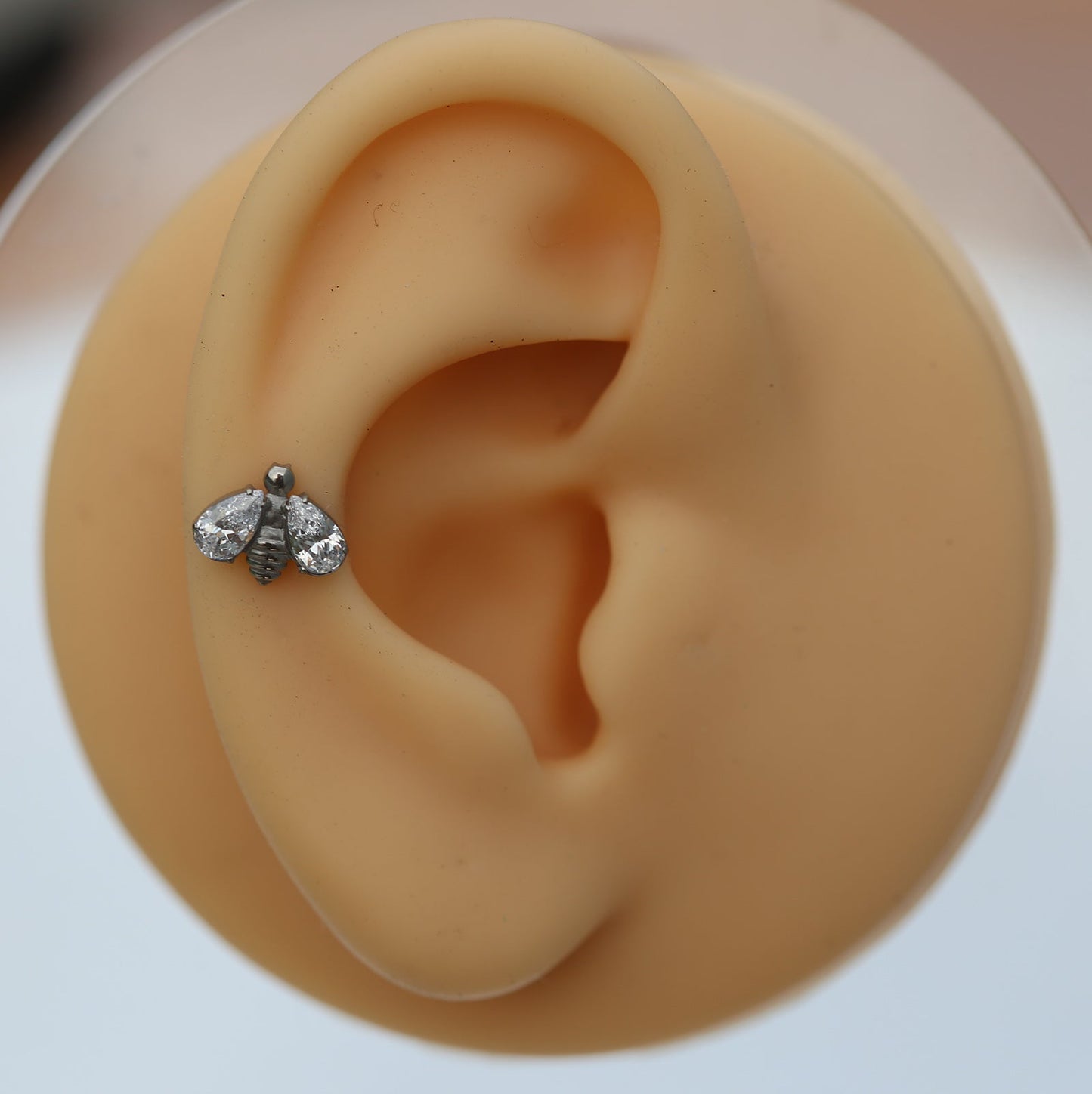 16G ASTM F136 Titanium Internal Thread White CZ Bee Labret Piercing Stud