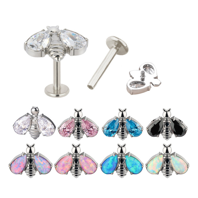 16G ASTM F136 Titanium Internal Thread White CZ Bee Labret Piercing Stud