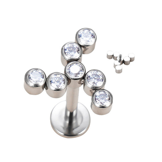 16G ASTM F136 Titanium Labret Stud Internal Thread Propeller CZ