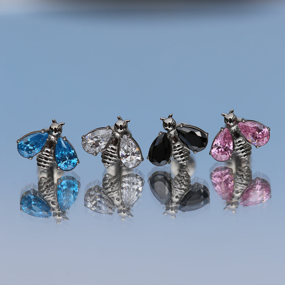 16G ASTM F136 Titanium Internal Thread White CZ Bee Labret Piercing Stud