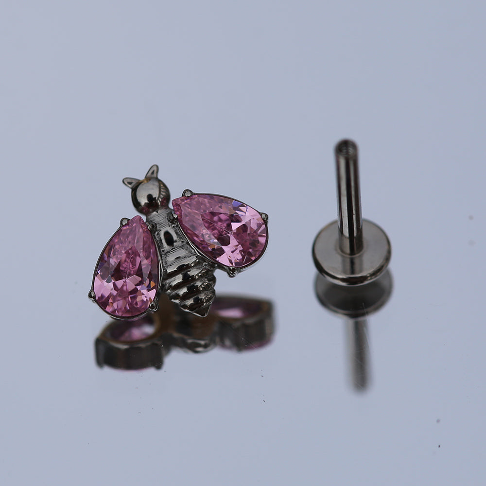 16G ASTM F136 Titanium Internal Thread White CZ Bee Labret Piercing Stud